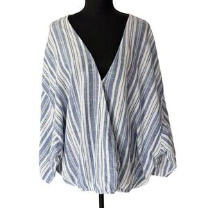 Dash Striped Wrap Top Womens 3X Blue White Boho Coastal Grandmother Summer
